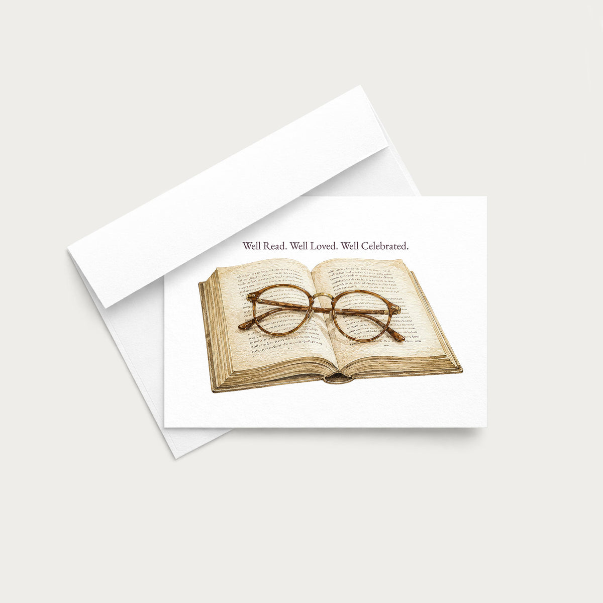 A white greeting card featuring a vintage-style illustration of an open book with round eyeglasses on the pages, with the quote 'Will Read, Will Love, Will Observe.' printed vertically.