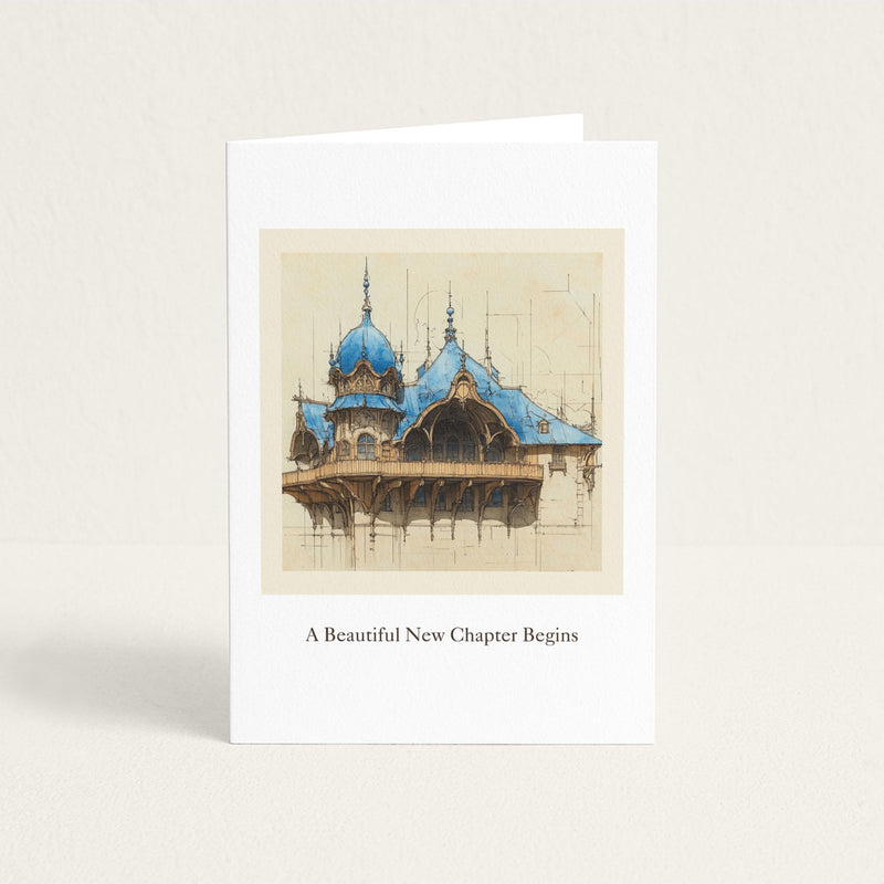 A Beautiful New Chapter Begins housewarming card featuring an ornate blue-roofed architectural illustration.