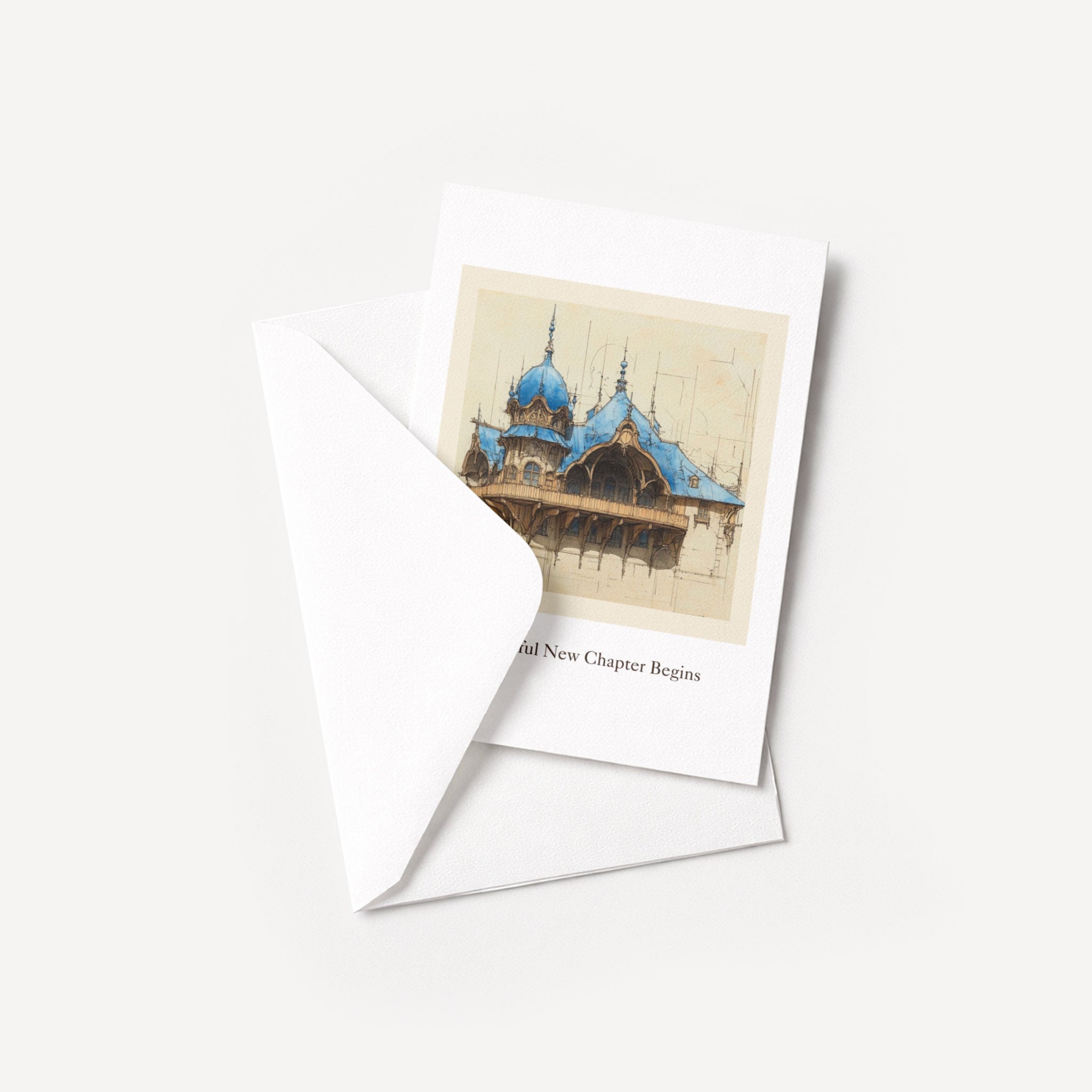 A Beautiful New Chapter Begins greeting card displayed with a coordinating white pointed-flap envelope.