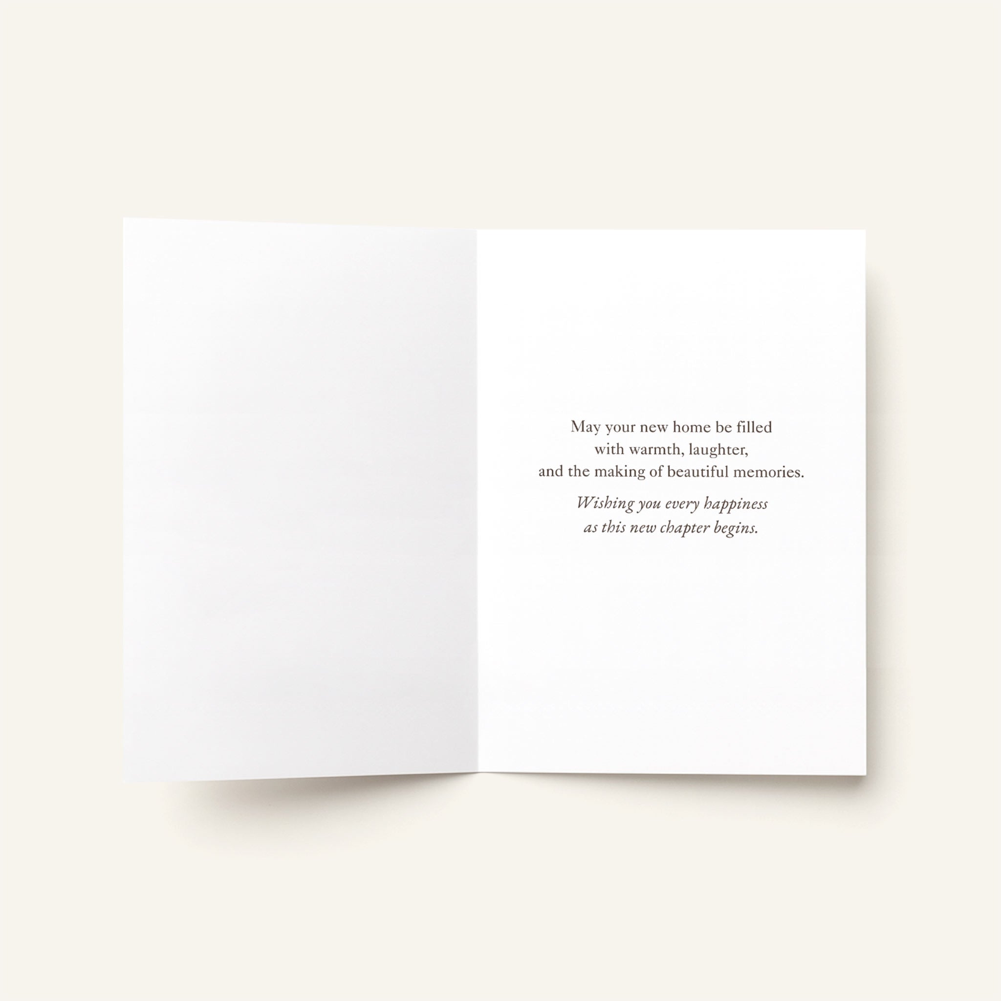 Open A Beautiful New Chapter Begins card showing the printed housewarming message inside.