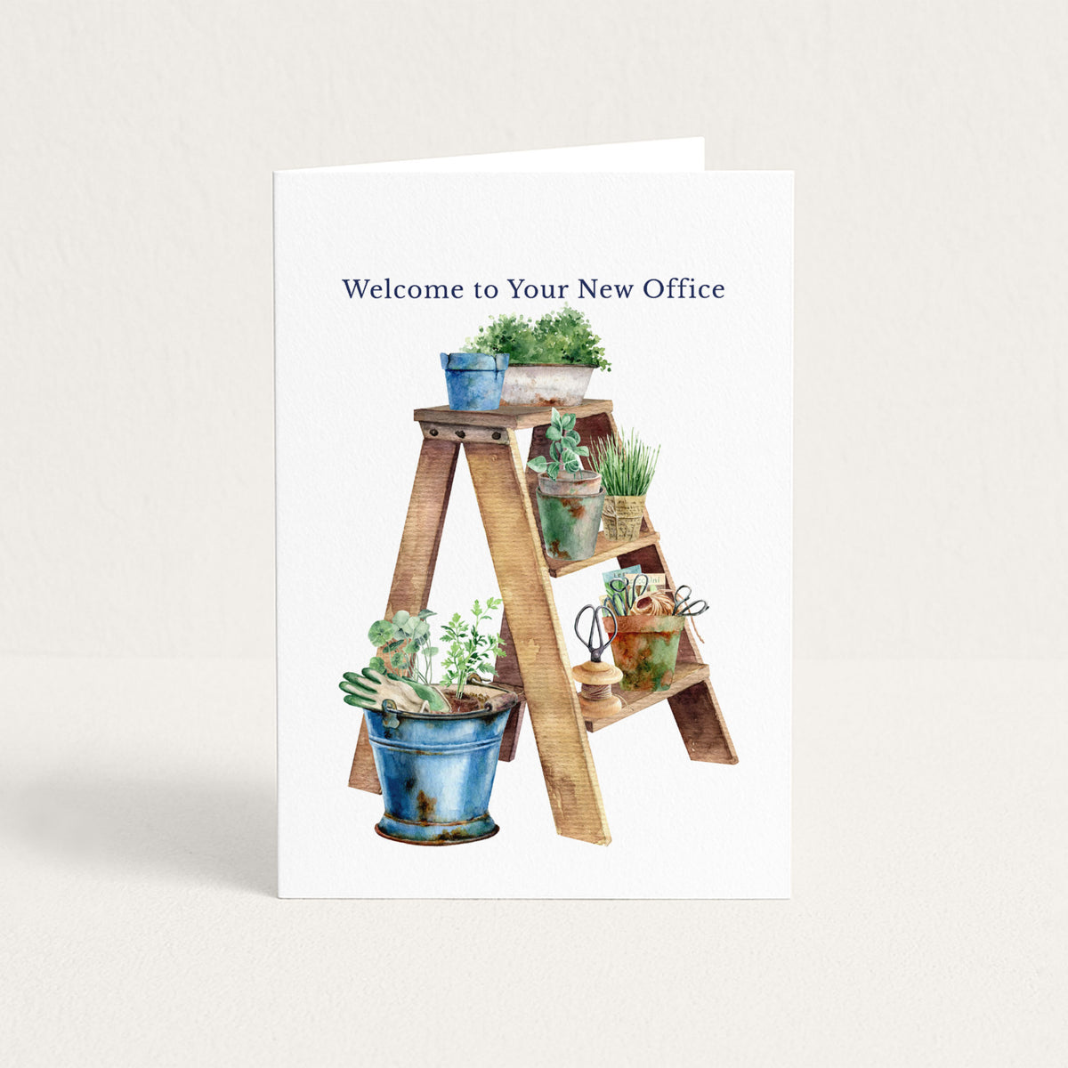 Retirement greeting card featuring watercolor garden pots, tools, and a wooden ladder with “Welcome to Your New Office.”