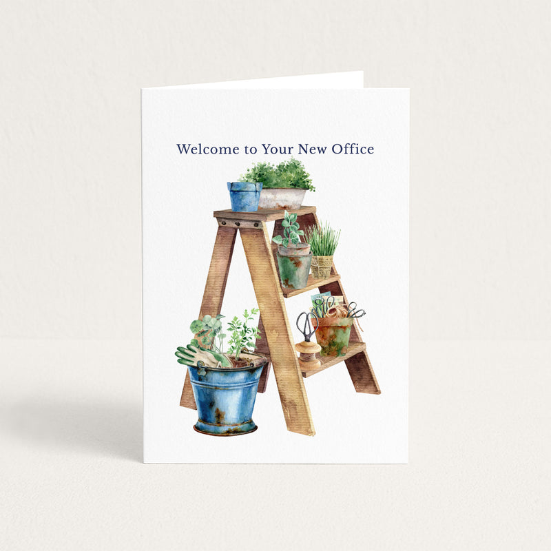 Retirement greeting card featuring watercolor garden pots, tools, and a wooden ladder with “Welcome to Your New Office.”
