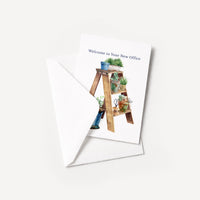 Watercolor retirement greeting card displayed with a coordinating white envelope on a neutral background.
