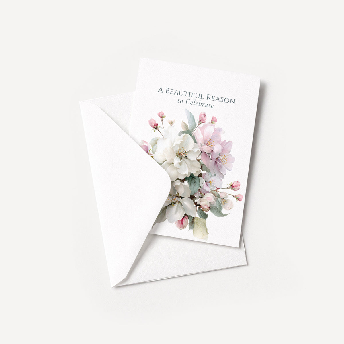 A Beautiful Reason to Celebrate floral card displayed with a coordinating white pointed-flap envelope.
