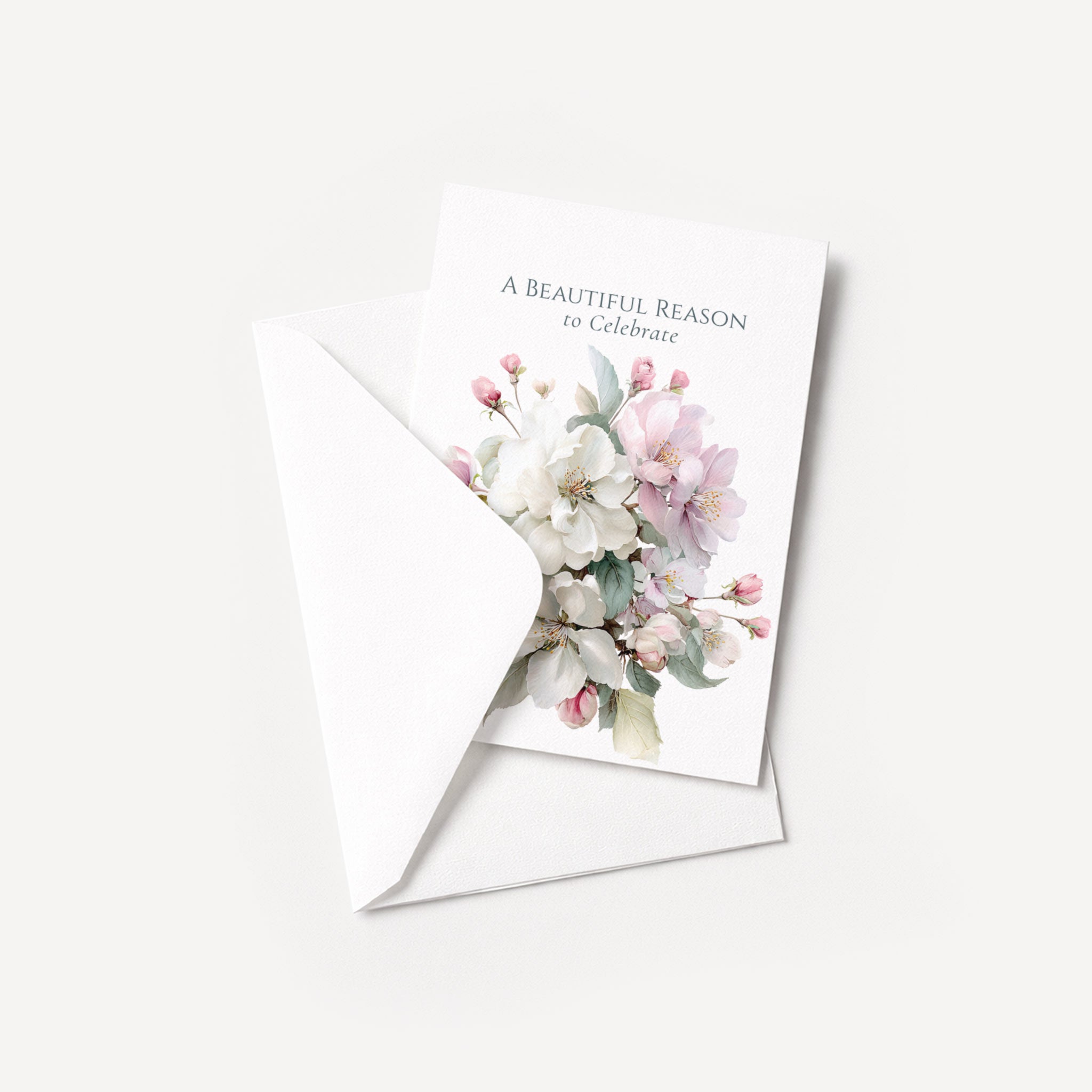A Beautiful Reason to Celebrate floral card displayed with a coordinating white pointed-flap envelope.