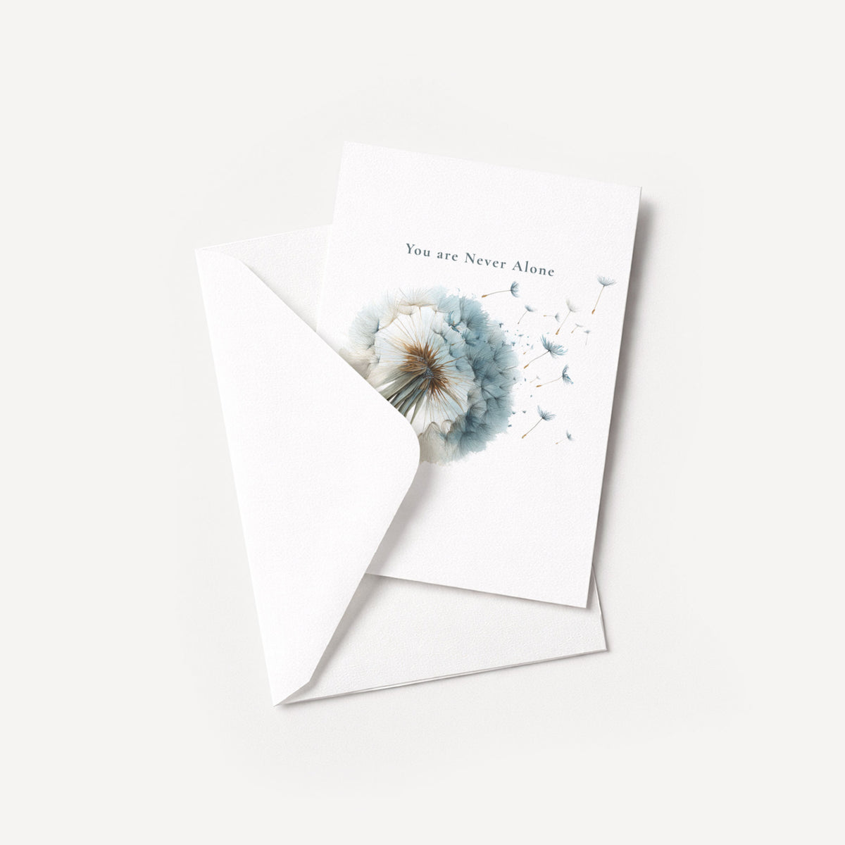 You Are Never Alone encouragement card displayed with a coordinating white pointed-flap envelope.