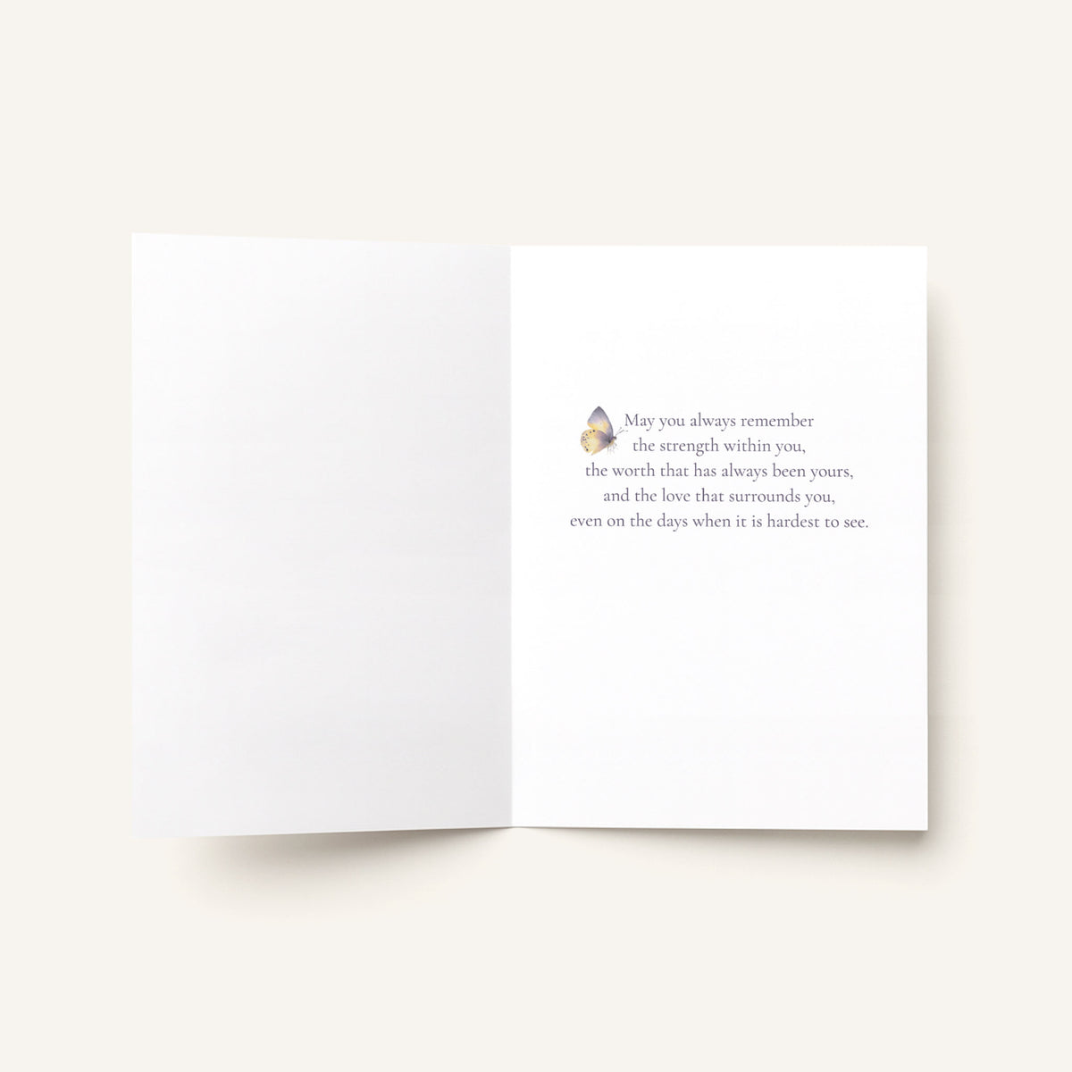 Open encouragement card showing a butterfly and the message “May you always remember the strength within you, the worth that has always been yours, and the love that surrounds you.”