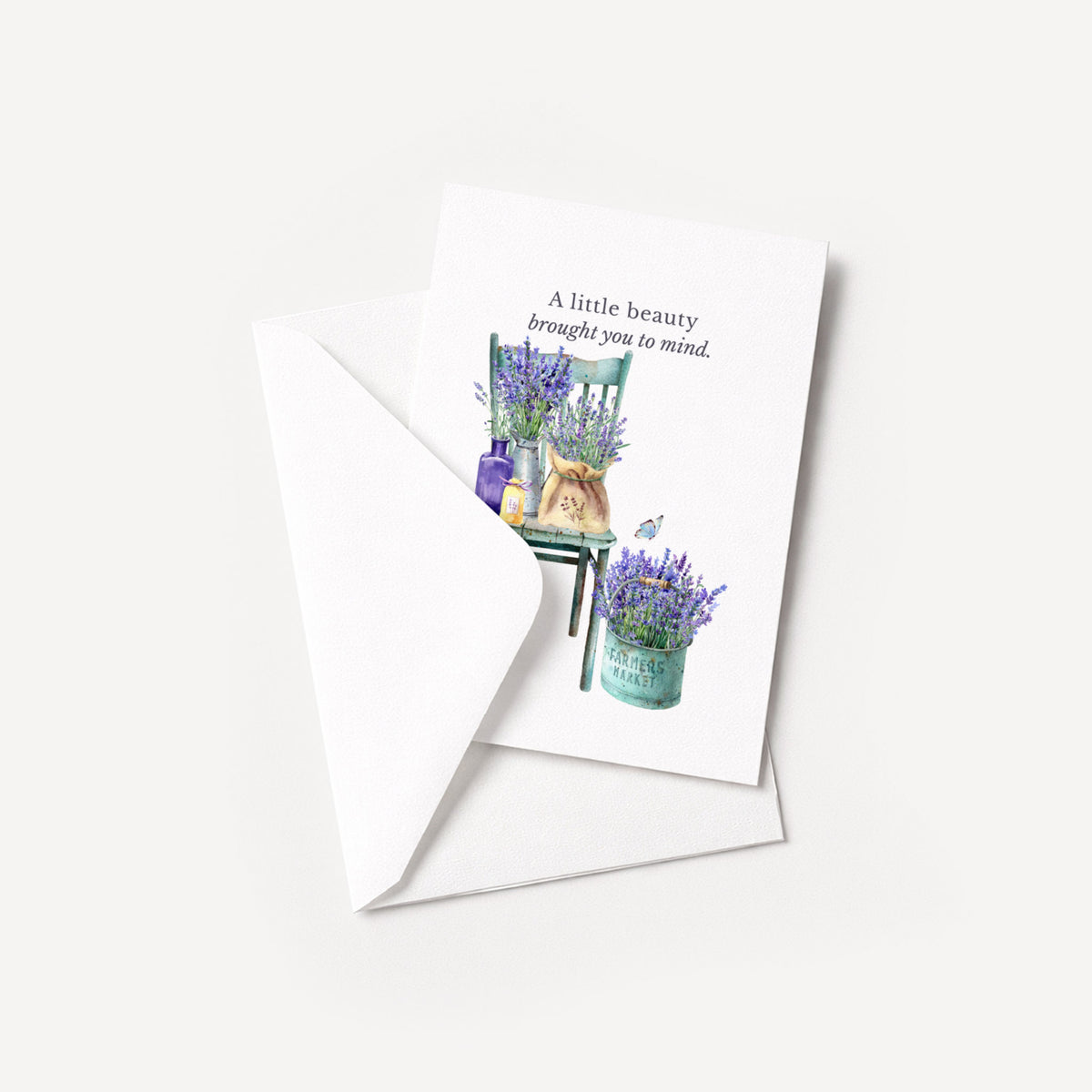 Lavender in Provence friendship card displayed with a coordinating white pointed-flap envelope.