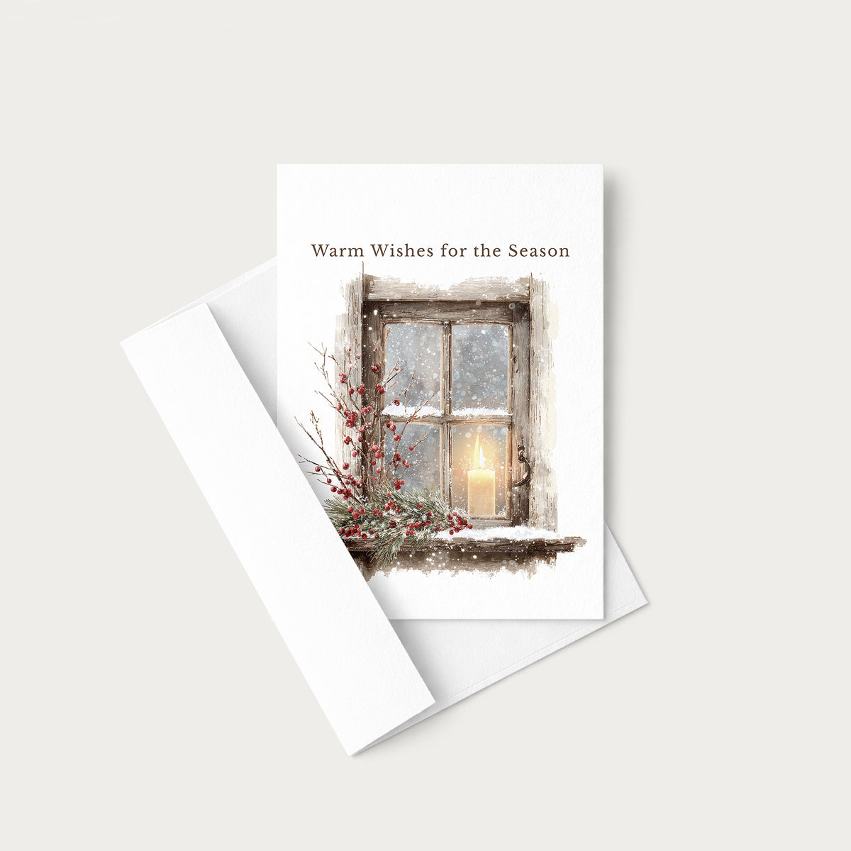 Warm Wishes for the Season card displayed with a coordinating white pointed-flap envelope.