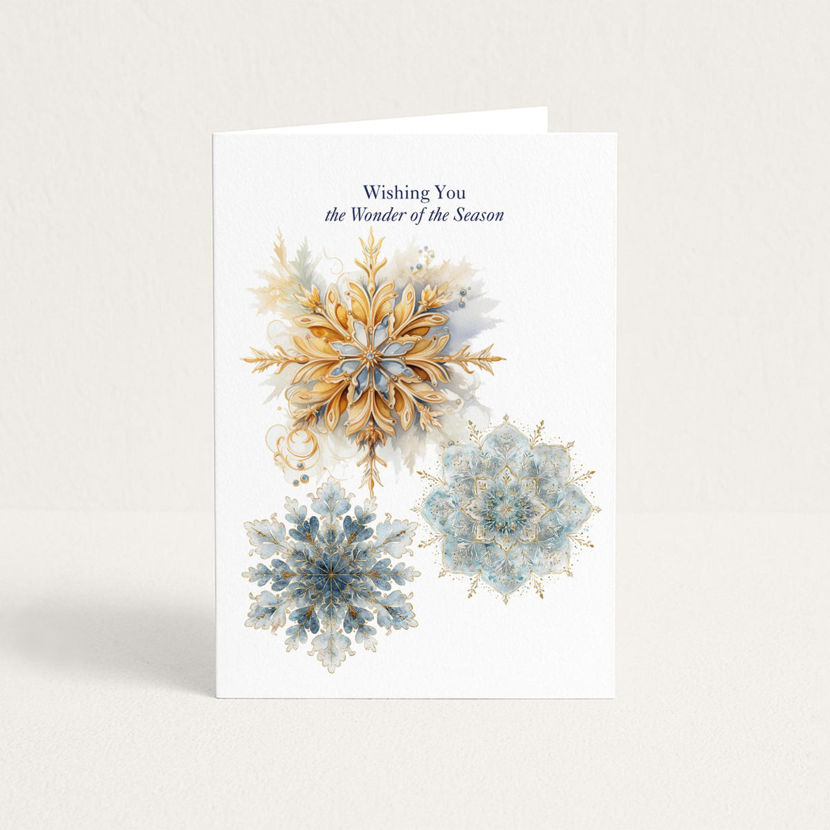 Holiday greeting card featuring three ornate blue and gold snowflakes with “Wishing You the Wonder of the Season.”
