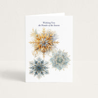 Holiday greeting card featuring three ornate blue and gold snowflakes with “Wishing You the Wonder of the Season.”