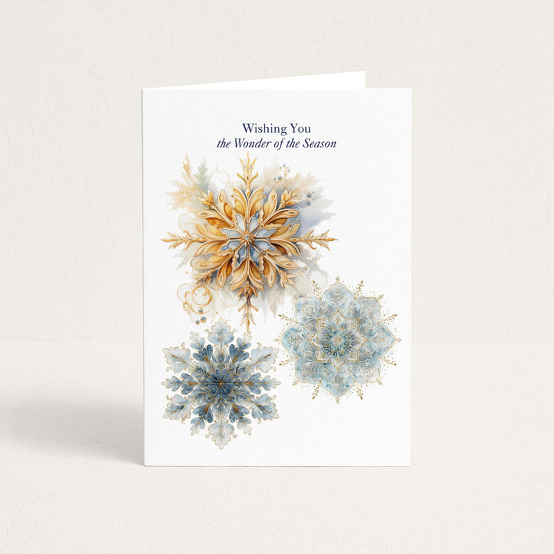 Holiday greeting card featuring three ornate blue and gold snowflakes with “Wishing You the Wonder of the Season.”