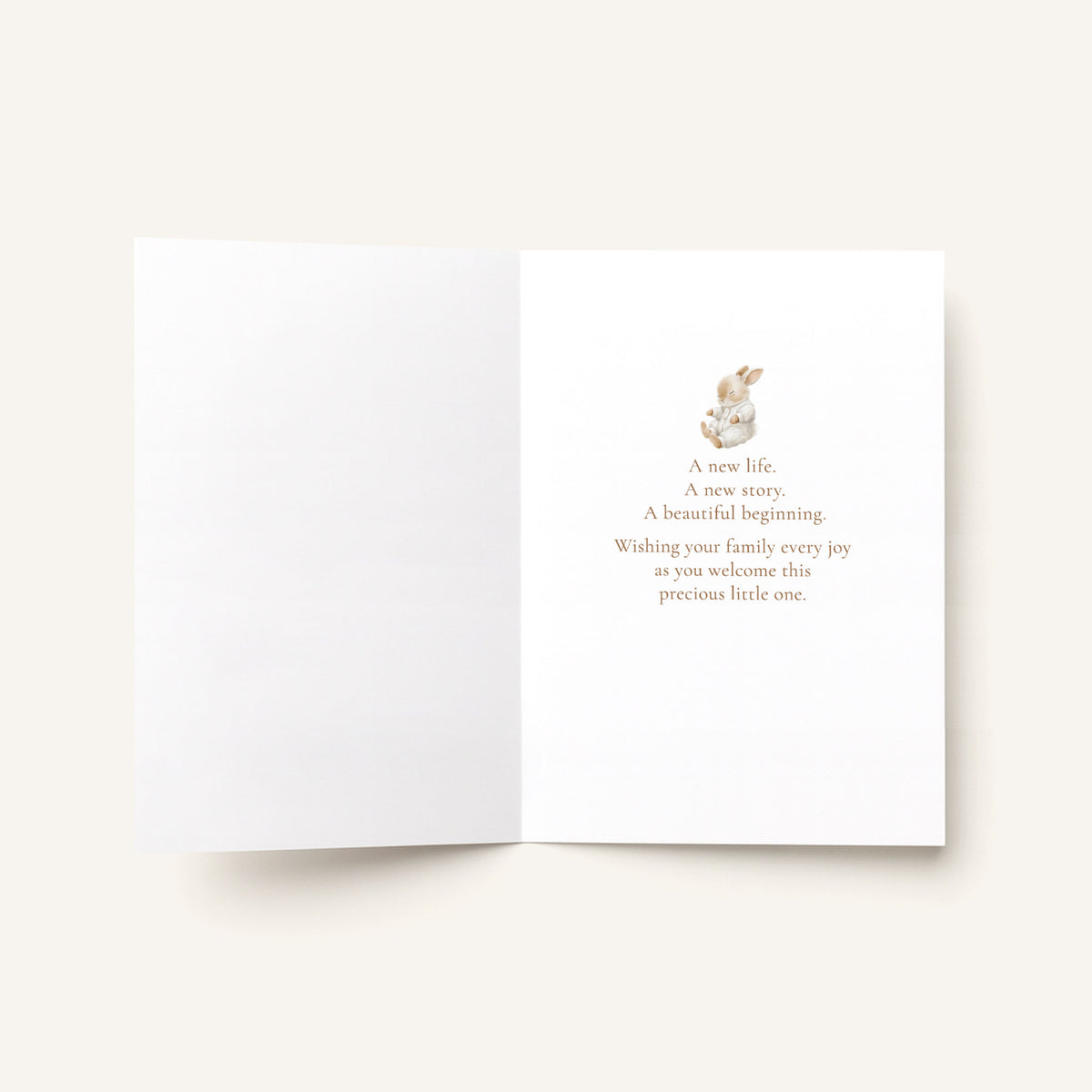 Open new baby greeting card showing the message “A new life. A new story. A beautiful beginning. Wishing your family every joy as you welcome this precious little one.”
