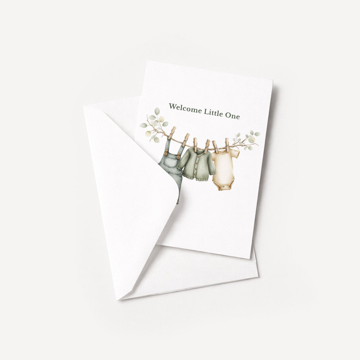 Welcome Little One baby card displayed with a coordinating white pointed-flap envelope.