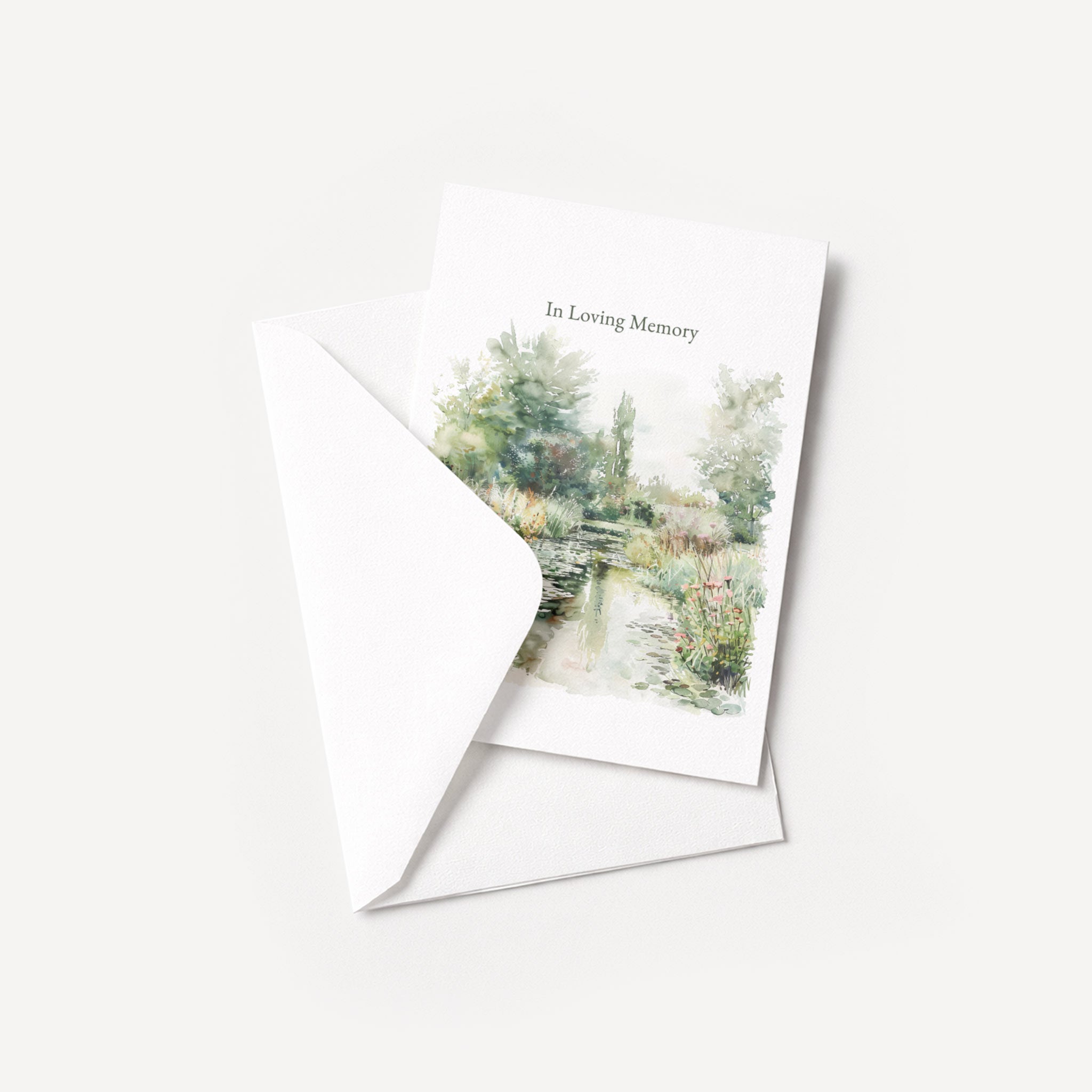 In Loving Memory sympathy card displayed with a coordinating white pointed-flap envelope.