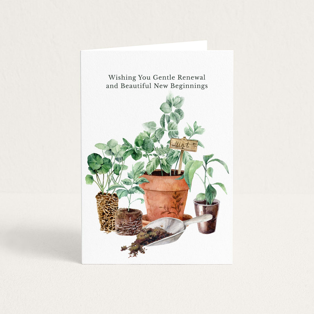 Wishing You Gentle Renewal encouragement card featuring watercolor seedlings, potted herbs, and a garden trowel.