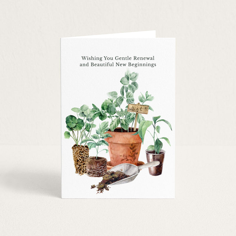 Wishing You Gentle Renewal encouragement card featuring watercolor seedlings, potted herbs, and a garden trowel.