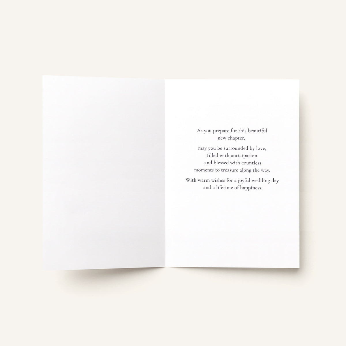Open For the Bride-to-Be card showing the printed wedding wishes inside.