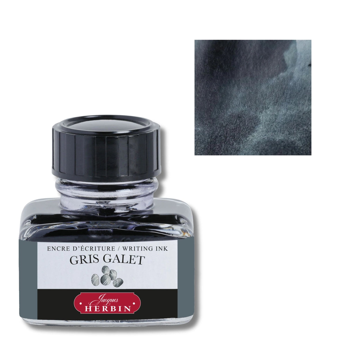 Bottle of Jacques Herbin Gris Galet writing ink with a close-up of the ink color on a white background.