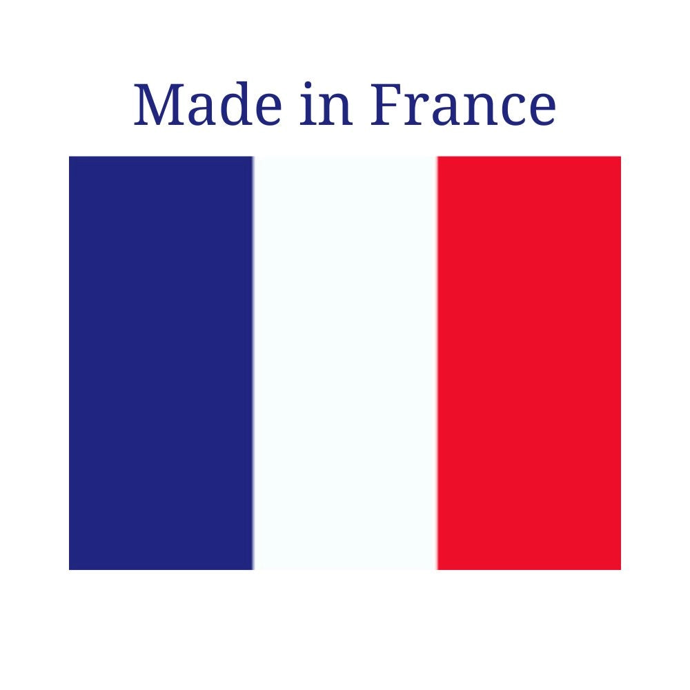 A graphic with the text 'Made in France' above a French tricolor flag on a white background.
