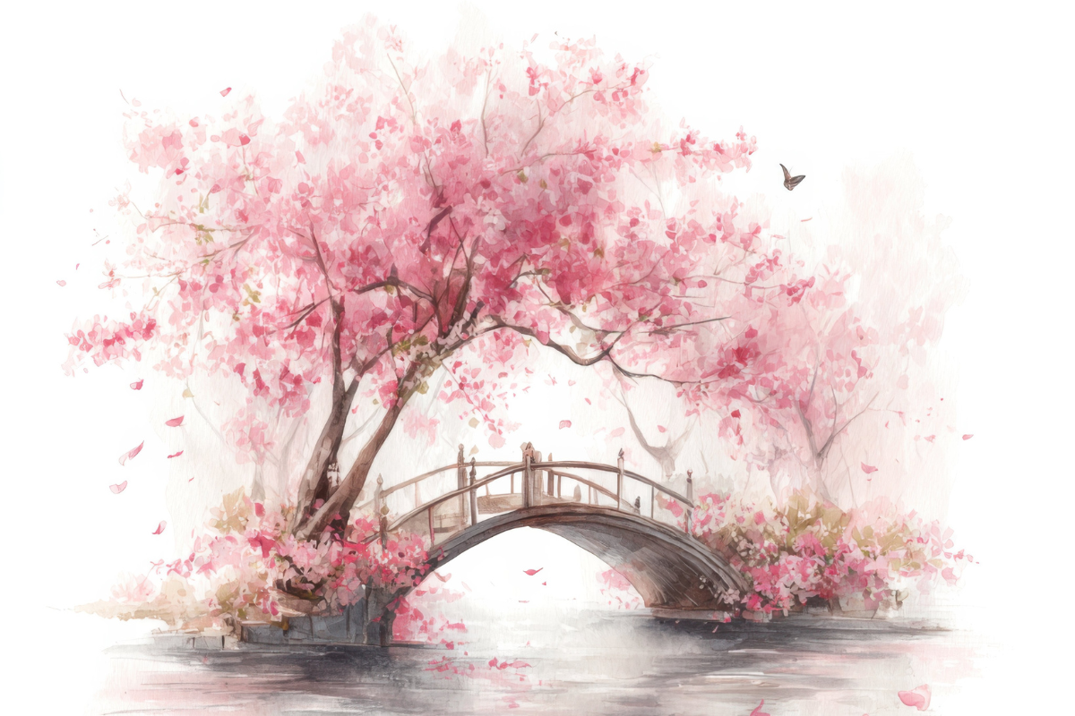 Watercolor garden scene with flowering cherry trees and an arched bridge in soft pink and green tones.