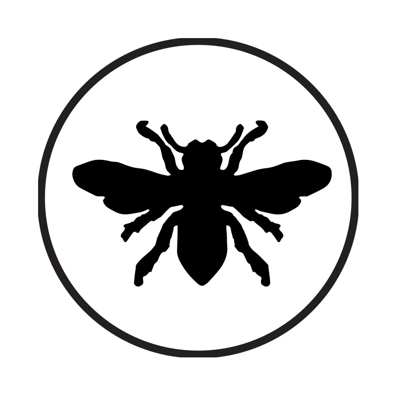 Black silhouette of a bee inside a circular border on a white background