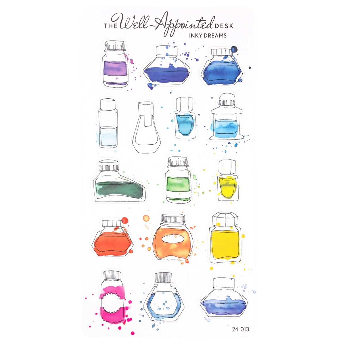 A sheet of decorative ink bottle illustrations with watercolor-style paint splashes. The top reads 'The Well Appointed Desk' and 'Inky Dreams,' and the bottom right shows the number '24-013.