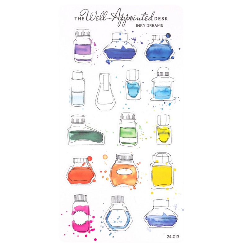 A sheet of decorative ink bottle illustrations with watercolor-style paint splashes. The top reads 'The Well Appointed Desk' and 'Inky Dreams,' and the bottom right shows the number '24-013.