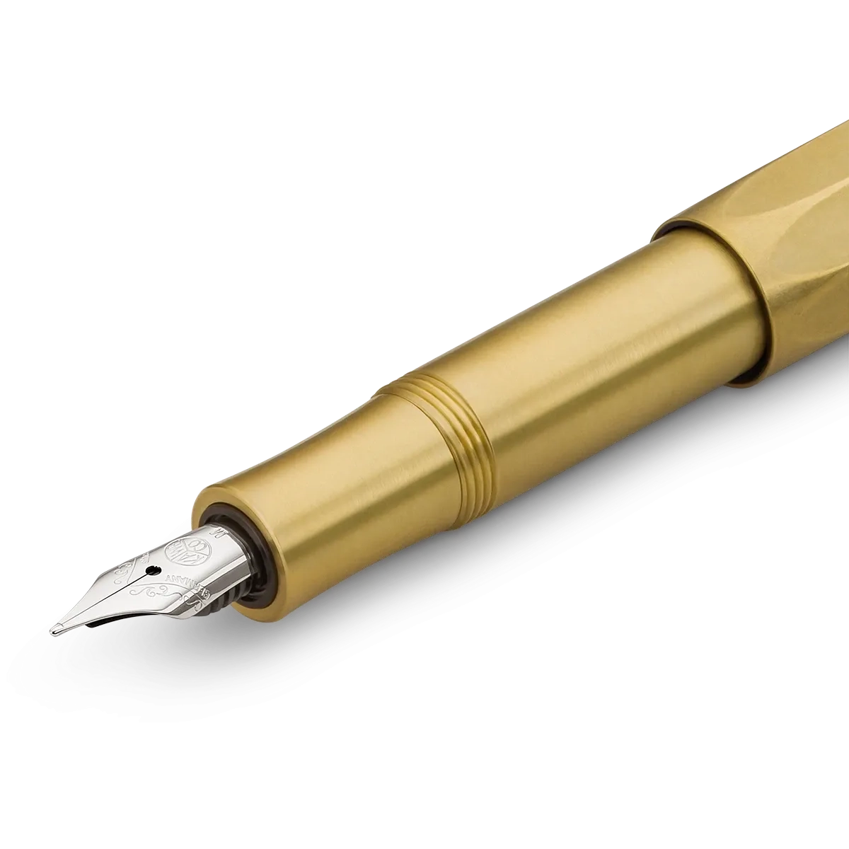 A close-up of a gold-finished fountain pen nib and barrel section on a clean white background.