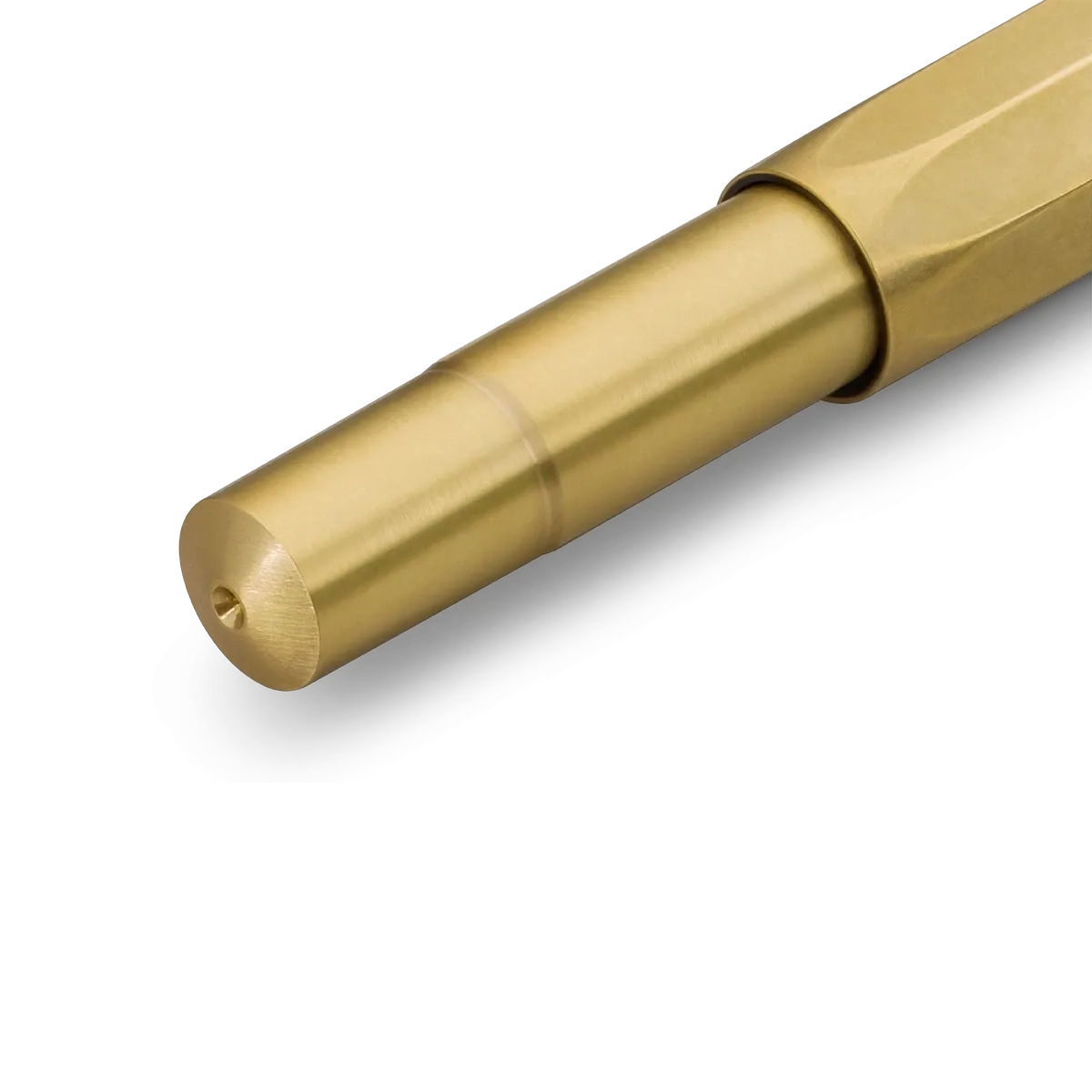 A close-up of a metallic gold pen tip and barrel section on a clean white background.