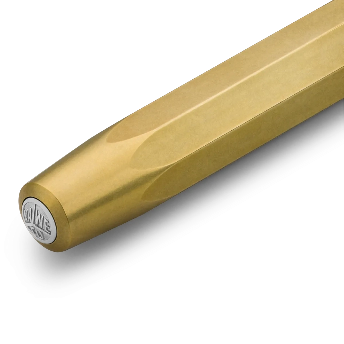 A close-up of a brass-colored metal rod or tube with a circular silver brand badge on one end, shown against a clean white background.