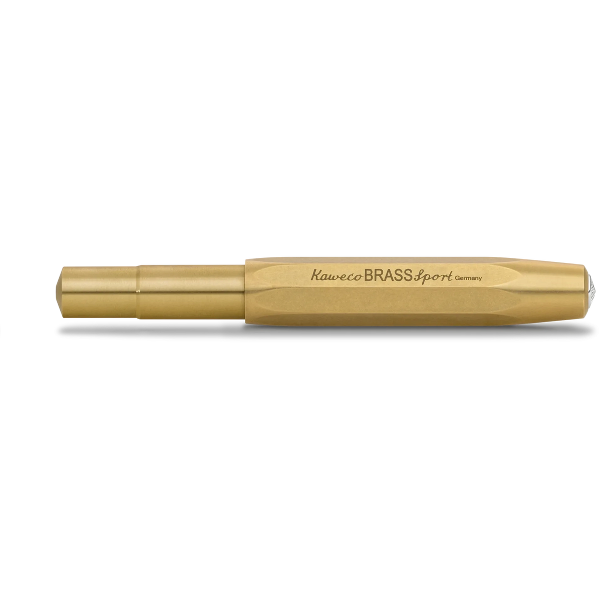 A gold-colored brass bullet pen with 'Kaweco BRASS sport' engraved on the side, shown horizontally against a white background.