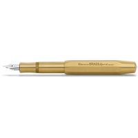 A Kaweco Brass Sport fountain pen in a brushed gold finish, featuring a silver nib and engraved branding on the barrel, set against a plain white background.