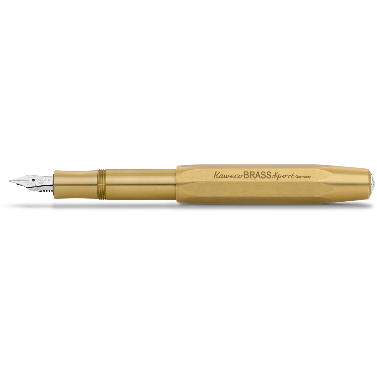 A Kaweco Brass Sport fountain pen in a brushed gold finish, featuring a silver nib and engraved branding on the barrel, set against a plain white background.