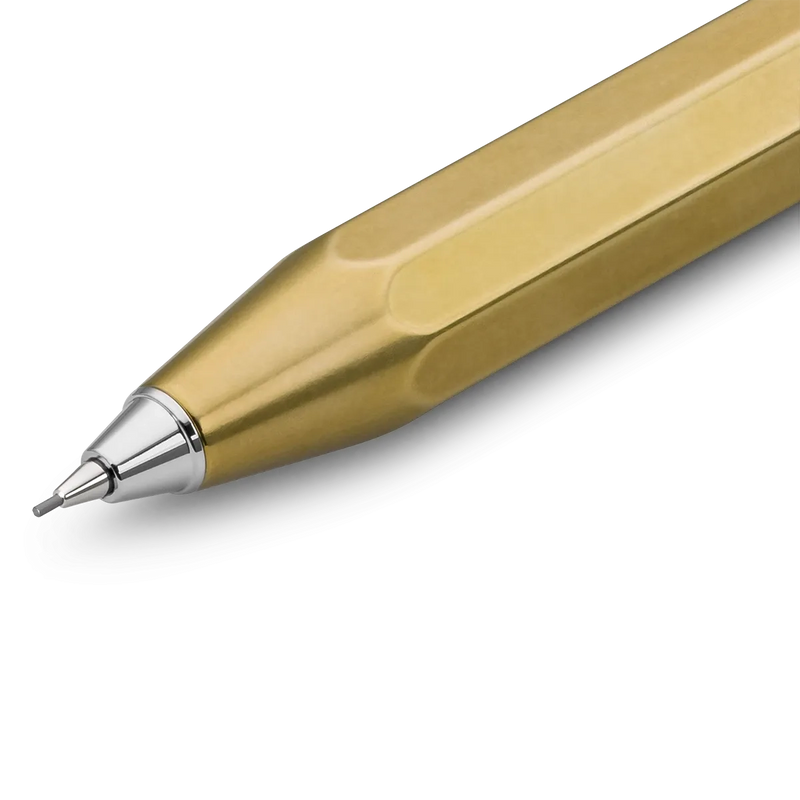 A close-up of a metallic gold pen with a silver tip, shown diagonally on a clean white background.