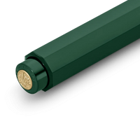 Close-up of a dark green pen with a gold-toned circular logo medallion on the cap, set against a clean white background.