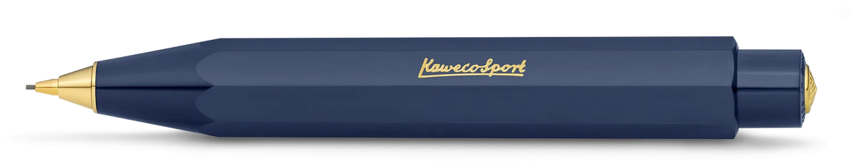 A sleek, dark navy blue Kuvings Sport fountain pen with gold accents on the tip, barrel logo, and end cap, shown on a clean white background.