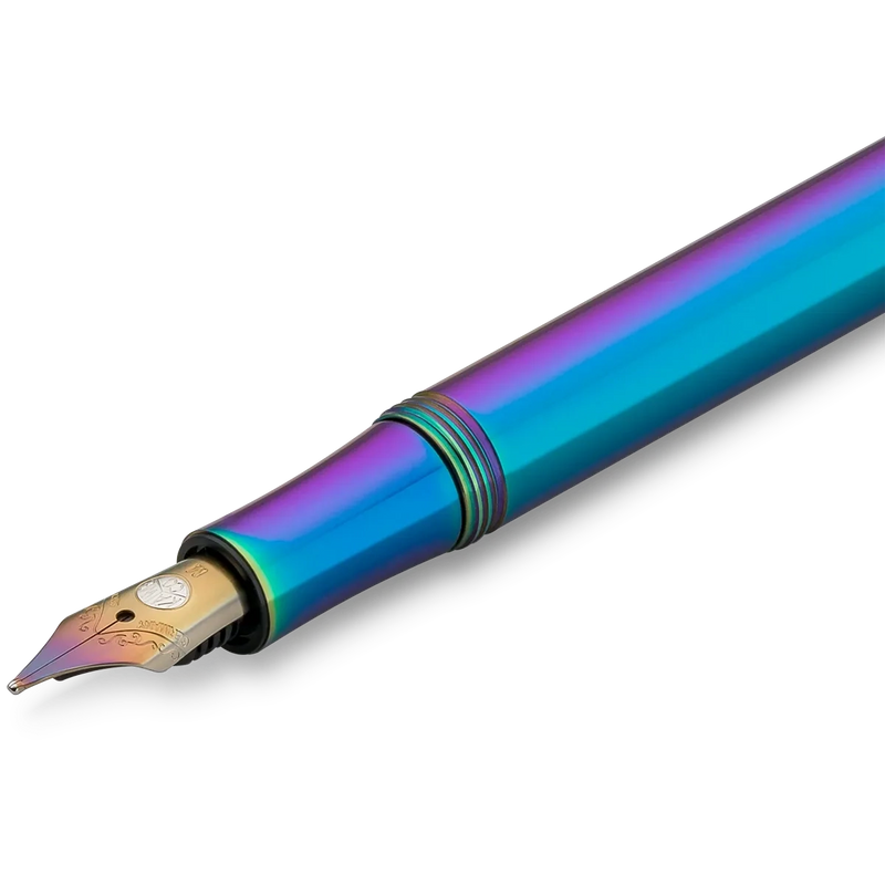 A close-up of a fountain pen nib and barrel showing a metallic iridescent finish that shifts between blue, purple, and green, with a gold-toned nib on a white background.