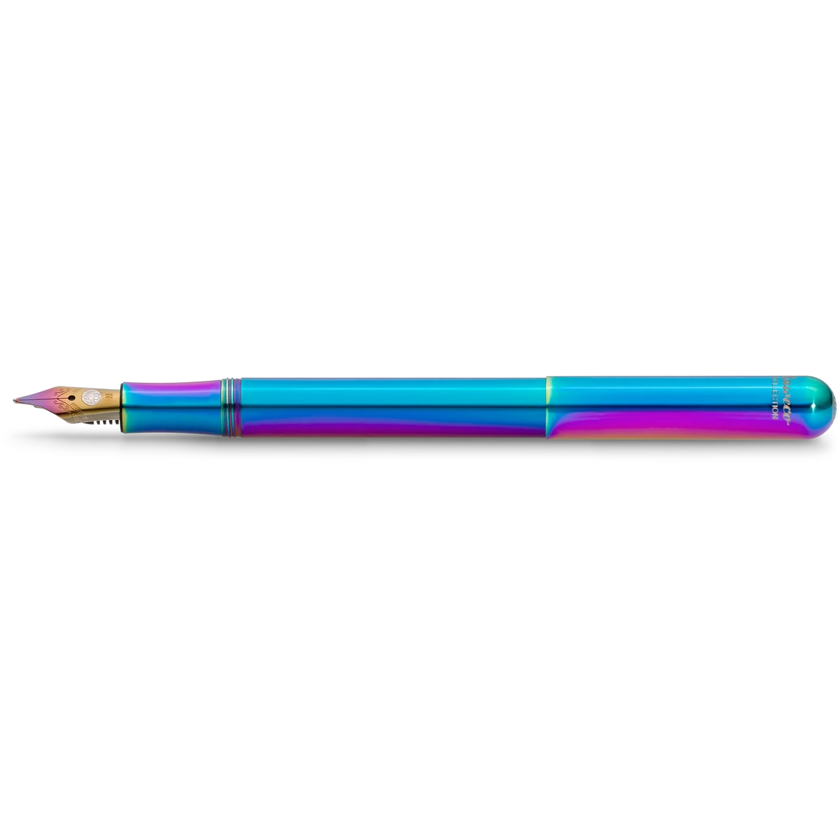 A fountain pen with a vibrant iridescent blue and purple barrel and a gold nib, shown horizontally against a plain white background.