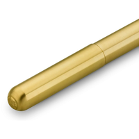 A close-up of a metallic gold pen cap with a brushed finish and a subtle embossed logo, shown diagonally on a white background.