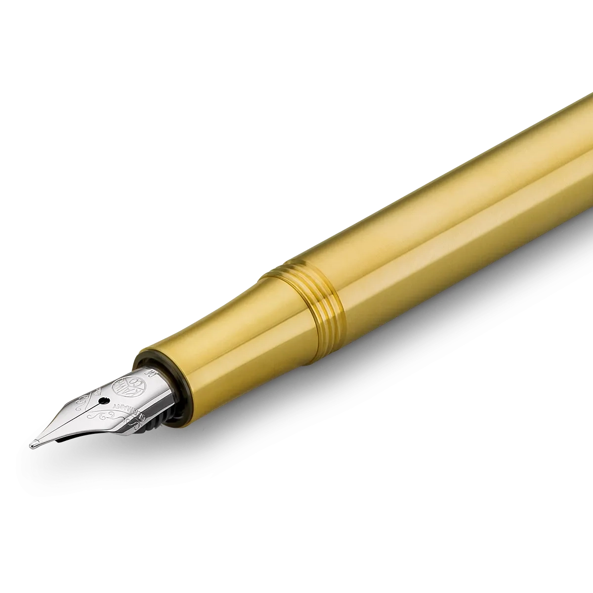 A close-up diagonal view of a gold fountain pen nib and barrel section on a clean white background.