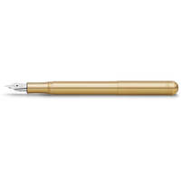 A gold-finished fountain pen with a silver nib, shown horizontally against a solid white background.