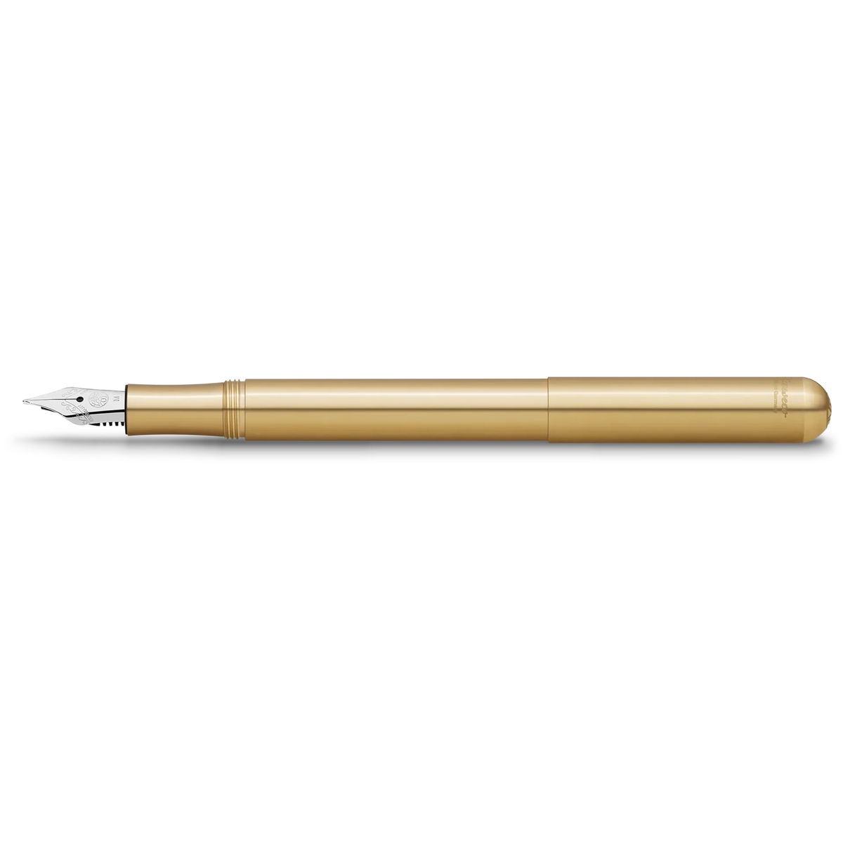 A gold-finished fountain pen with a silver nib, shown horizontally against a solid white background.