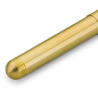 A close-up of a polished brass cylindrical product, likely a pen or tube, featuring a rounded threaded end and a smooth metallic surface, set against a plain white background.