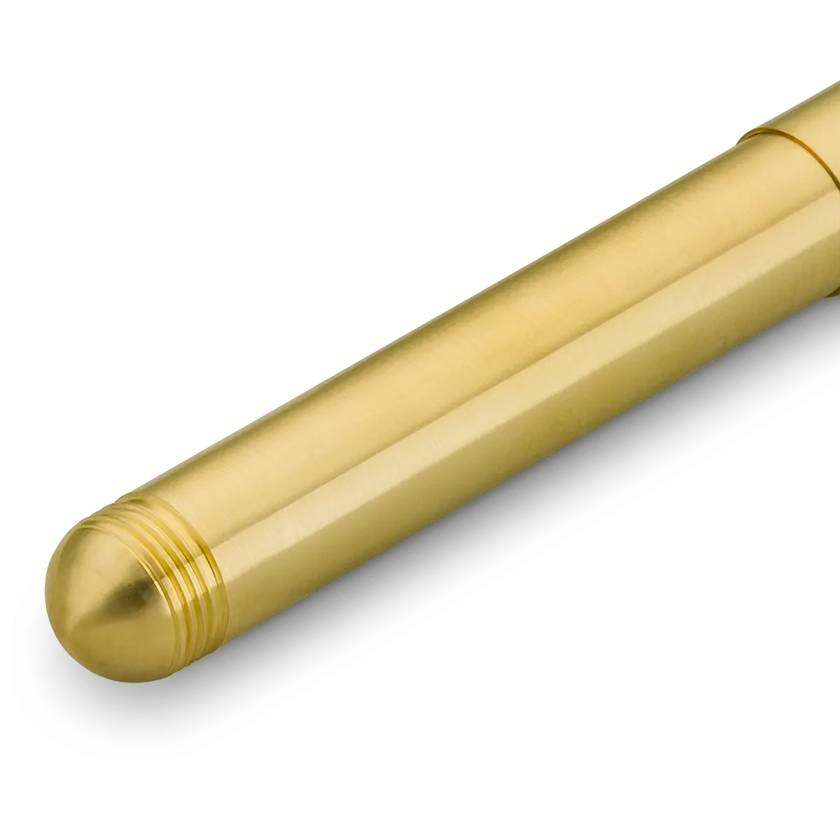 A close-up of a polished brass cylindrical product, likely a pen or tube, featuring a rounded threaded end and a smooth metallic surface, set against a plain white background.