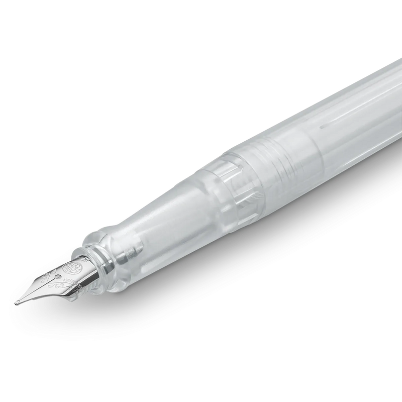 A close-up of a transparent fountain pen with a silver nib, shown diagonally on a clean white background.