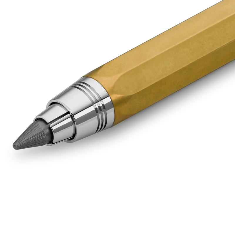 Close-up of a gold pencil with a silver metal tip and band, shown diagonally on a white background.