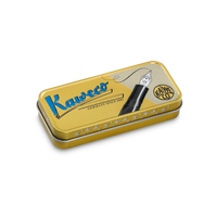 A gold metal tin box for Kaweco, shown at an angle on a white background. The lid features blue 'Kaweco' branding, a black and silver fountain pen illustration, and a circular gold and black logo.