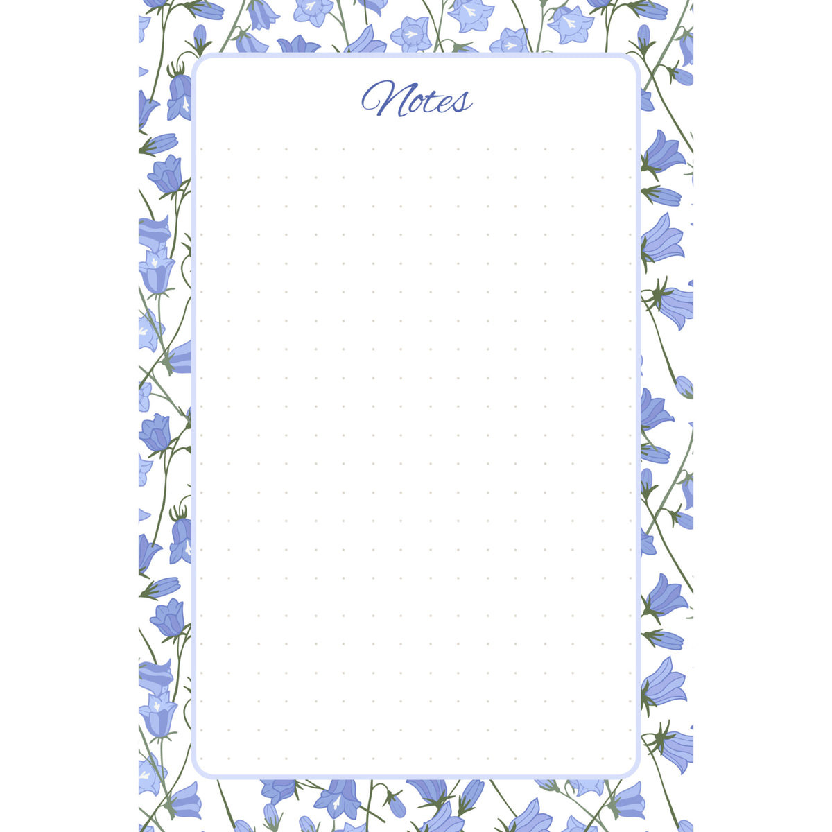 Front view of the Bluebell Garden memo pad with periwinkle-blue bellflowers, pale blue rounded border, and dotted writing field.