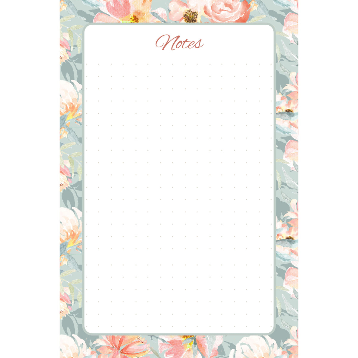 Front view of the Blush Garden memo pad with blush and coral flowers, a soft sage border, rounded writing panel, and subtle dot pattern.